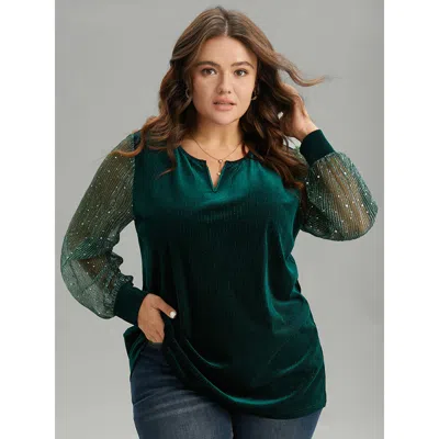 Bloomchic Women's Plus Size Velvet Patchwork Mesh Sequin Notched T-shirt Darkgreen Long Sleeve Party V-notch N In Green