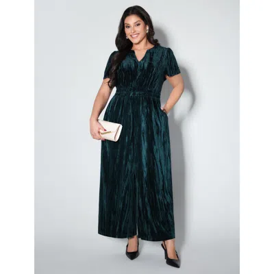 Bloomchic Women's Plus Size Velvet Pleated Waist Notched-collar Jumpsuit Cerulean Party 10/m In Blue