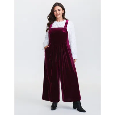 Bloomchic Women's Plus Size Velvet Relaxed Fit Adjustable Straps Jumpsuit Deepred Casual 12/l In Red