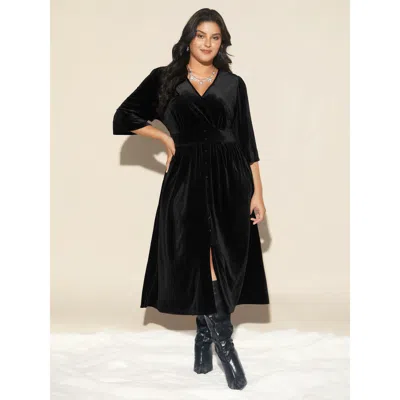 Bloomchic Women's Plus Size Velvet Ruched Surplice Neckline Midi Dress Black Party Midi Smocked V-neck 22-24/3