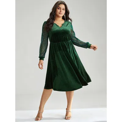 Bloomchic Women's Plus Size Velvet Sequin Patchwork Elastic Waist Notched Dress Darkgreen Festival-christmas V In Green