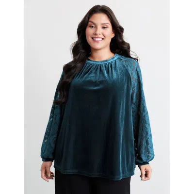 Bloomchic Women's Plus Size Velvet Sheer Lace Raglan Sleeve Blouse Mediumblue Synthetic Texture Elegant Long S