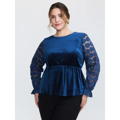 Bloomchic Women's Plus Size Velvet Sheer Lace Sleeve Flared Blouse Indigo Non Elegant Long Sleeve 10/m In Purple