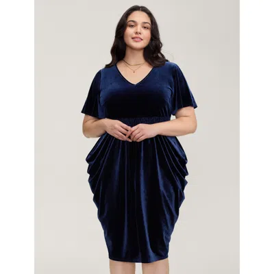 Bloomchic Women's Plus Size Velvet Shirred Waist Asymmetrical Hem Midi Dress Darkblue Non Midi Party Non 10/m In Blue