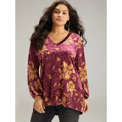 Bloomchic Women's Plus Size Velvet Silhouette Floral Print Lantern Sleeve T-shirt Redviolet Long Sleeve Dailyw