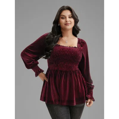 Bloomchic Women's Plus Size Velvet Smocked Bodice Jersey Top Burgundy Long Sleeve Elegant Square Neck 12/l