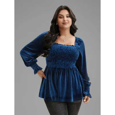 Bloomchic Women's Plus Size Velvet Smocked Bodice Jersey Top Indigo Long Sleeve Elegant Square Neck 28/5x In Purple
