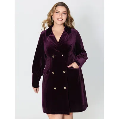 Bloomchic Women's Plus Size Velvet Stretchy Button Blazer Midi Dress Eggplant Non Short Party Button 10/m In Purple