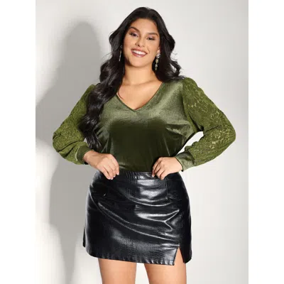 Bloomchic Women's Plus Size Velvet Stretchy Spliced V-neck Blouse Moss Non Party Extra Long Sleeve 12/l In Green