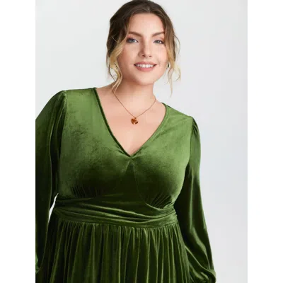 Bloomchic Women's Plus Size Velvet Triangular Shirred Waist Maxi Dress Armygreen Solid Midi Elegant Smocked 10