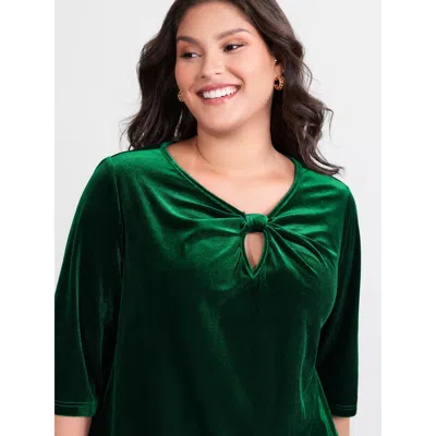 Bloomchic Women's Plus Size Velvet Twist Neckline Cut-out Blouse Darkgreen Solid Elegant 3/4 Sleeve Keyhole Ne In Green