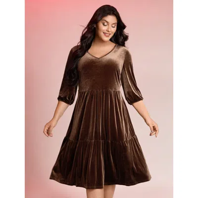 Bloomchic Women's Plus Size Velvet V-neck Cinched-waist Midi Dress Browncoffeecolor Non Midi Casual Gathered 1