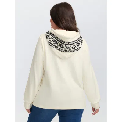 Bloomchic Women's Plus Size Velvety Geometric Embroidery Hoodie Ivory Casual 12/l In White