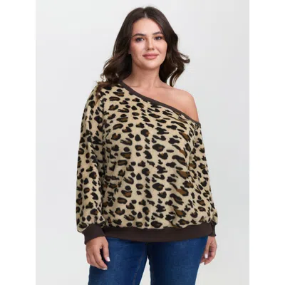 Bloomchic Women's Plus Size Velvety Leopard Print One-shoulder Sweatshirt Leopard Casual 10/m In Brown
