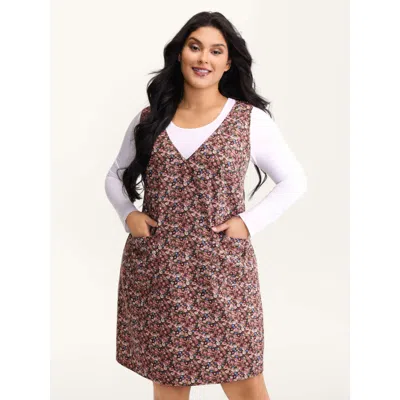 Bloomchic Women's Plus Size Velvety Thick Fabric Patch Pocket Midi Dress Burgundy Ditsy Floral Short Casual No