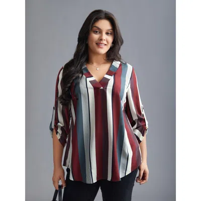 Bloomchic Women's Plus Size Vertical Striped V-neck Tab Sleeve Blouse Multicolor Stripes Office 3/4 Sleeve 10/