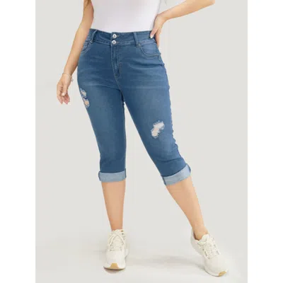Bloomchic Women's Plus Size Very Stretchy Dark Wash Cuffed Hem Distressed Knee Denim Shorts Blue High Stretch 