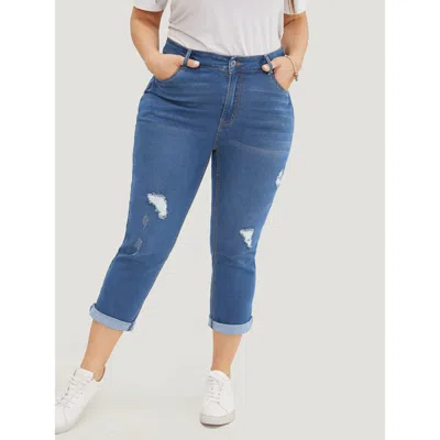 Bloomchic Women's Plus Size Very Stretchy Dark Wash Roll Hem Cropped Jeans Blue Plain Distressed Skinny Fit Hi