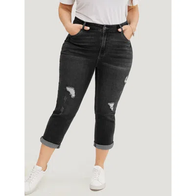 Bloomchic Women's Plus Size Very Stretchy Dark Wash Roll Hem Cropped Jeans Darkgray Plain Distressed Skinny Fi In Gray