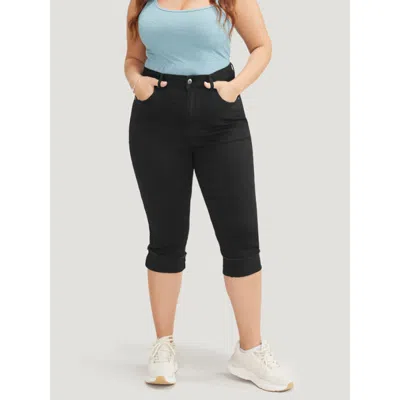 Bloomchic Women's Plus Size Very Stretchy High Rise Black Wash Rivet Detail Knee Denim Shorts Black Plain High