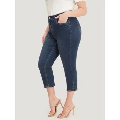 Bloomchic Women's Plus Size Very Stretchy High Rise Dark Wash Beaded Detail Cropped Jeans Indigo Plain High St In Purple