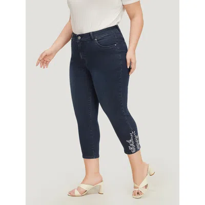 Bloomchic Women's Plus Size Very Stretchy High Rise Dark Wash Butterfly Embroidered Jeans Darkblue Plain Embro In Blue