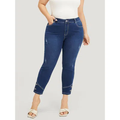 Bloomchic Women's Plus Size Very Stretchy High Rise Dark Wash Button Hem Jeans Indigo Plain Button Skinny Fit  In Purple