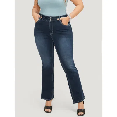 Bloomchic Women's Plus Size Very Stretchy High Rise Dark Wash Contrast Stitching Jeans Darkblue Plain High Str In Blue