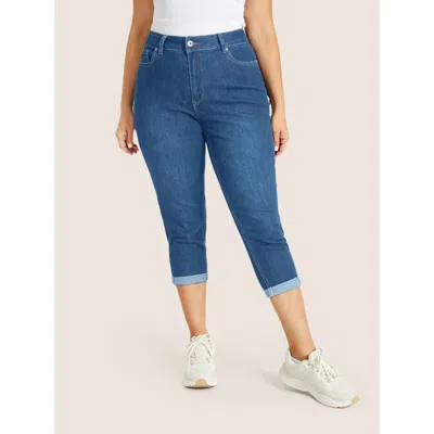 Bloomchic Women's Plus Size Very Stretchy High Rise Dark Wash Cropped Jeans Blue Plain Roll Hem Skinny Fit Hig