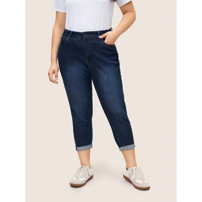 Bloomchic Women's Plus Size Very Stretchy High Rise Dark Wash Cropped Jeans Darkblue Plain Roll Hem Skinny Fit In Blue