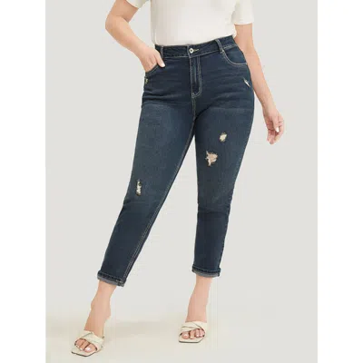 Bloomchic Women's Plus Size Very Stretchy High Rise Dark Wash Distressed Stitch Jeans Midnight Plain Roll Hem  In Blue
