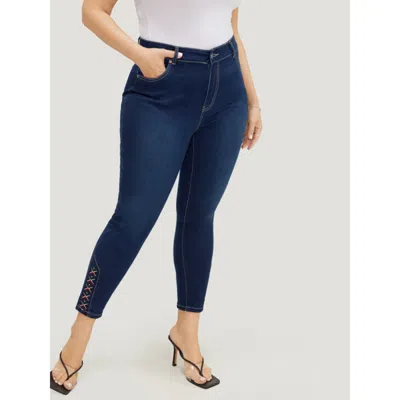 Bloomchic Women's Plus Size Very Stretchy High Rise Dark Wash Geometric Embroidered Jeans Indigo Plain Embroid In Purple