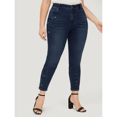 Bloomchic Women's Plus Size Very Stretchy High Rise Dark Wash Paint Jeans Darkblue Plain High Stretch 10/m In Blue