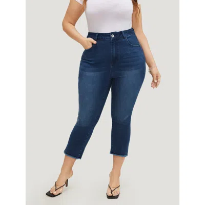 Bloomchic Women's Plus Size Very Stretchy High Rise Dark Wash Raw Hem Cropped Jeans Darkblue Plain High Stretc In Blue