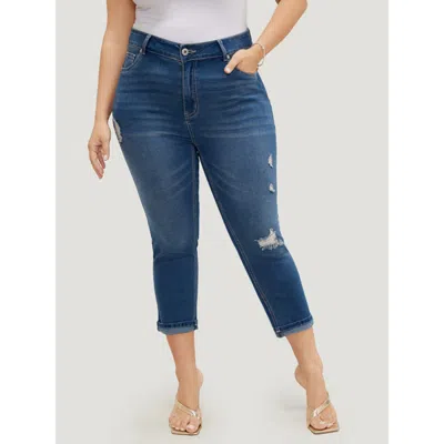 Bloomchic Women's Plus Size Very Stretchy High Rise Dark Wash Ripped Detail Cropped Jeans Blue Plain Skinny Fi