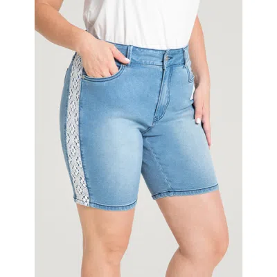 Bloomchic Women's Plus Size Very Stretchy High Rise Light Wash Contrast Lace Denim Shorts Lightblue High Stret In Blue