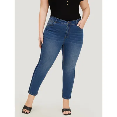 Bloomchic Women's Plus Size Very Stretchy High Rise Medium Wash Contrast Patchwork Jeans Blue Patchwork Colorb