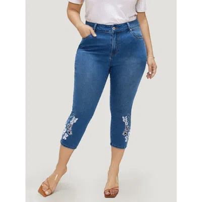 Bloomchic Women's Plus Size Very Stretchy High Rise Medium Wash Embroidered Cropped Jeans Lightblue Plain Embr In Blue