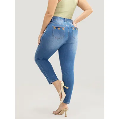Bloomchic Women's Plus Size Very Stretchy High Rise Medium Wash Floral Embroidered Jeans Indigo Plain High Str In Purple