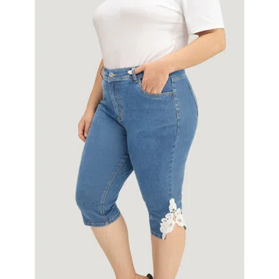 Bloomchic Women's Plus Size Very Stretchy High Rise Medium Wash Guipure Lace Knee Denim Shorts Lightblue High  In Blue