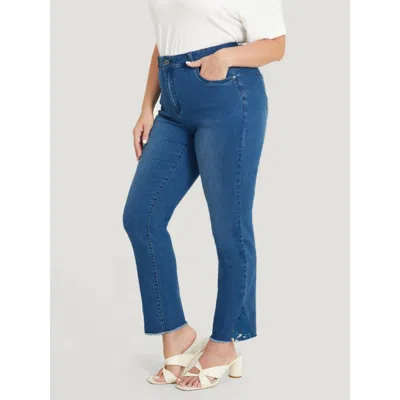 Bloomchic Women's Plus Size Very Stretchy High Rise Medium Wash Lace Insert Raw Hem Jeans Indigo Plain Patchwo In Purple