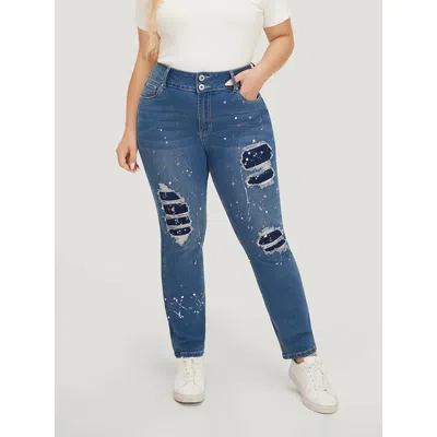 Bloomchic Women's Plus Size Very Stretchy High Rise Medium Wash Paint Patched Jeans Blue Plain Printed High St