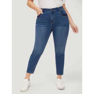 Bloomchic Women's Plus Size Very Stretchy High Rise Medium Wash Patched Patchwork Jeans Indigo Plain Patchwork In Purple