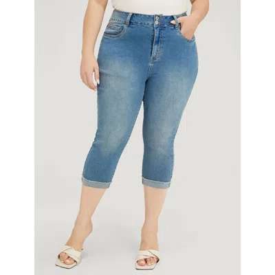 Bloomchic Women's Plus Size Very Stretchy High Rise Medium Wash Roll Hem Cropped Jeans Cerulean Plain High Str In Blue