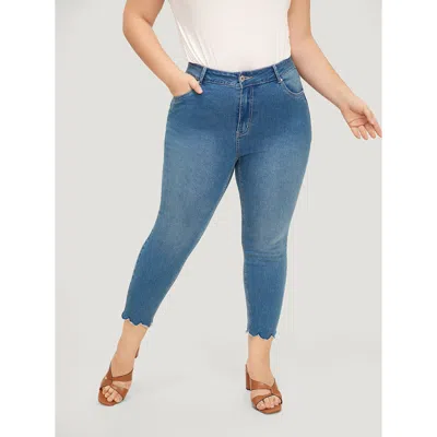 Bloomchic Women's Plus Size Very Stretchy High Rise Medium Wash Scalloped Hem Jeans Blue Plain Embroidered Hig