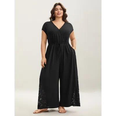 Bloomchic Women's Plus Size Very Stretchy Lace Waist-tie Jumpsuit Black Vacation Relaxed Fit 10/m