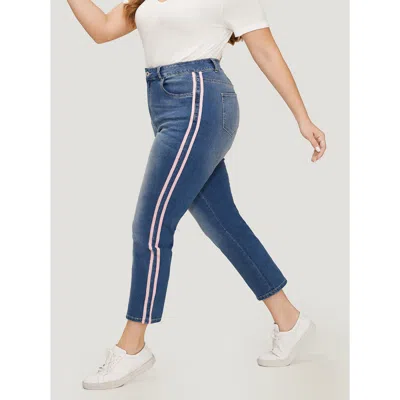 Bloomchic Women's Plus Size Very Stretchy Medium Wash Contrast Striped Jeans Blue Plain Patchwork High Stretch