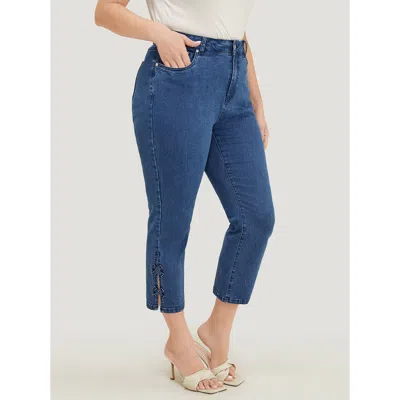 Bloomchic Women's Plus Size Very Stretchy Medium Wash Patched Detail Cut Out Jeans Blue Plain Cut-out High Str