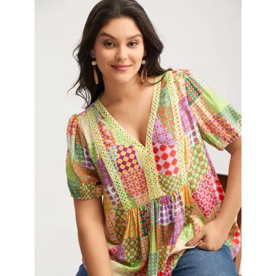 Bloomchic Women's Plus Size Vibrant Collage Print Babydoll Top Multicolor Geometric Vacation Short Sleeve Deep