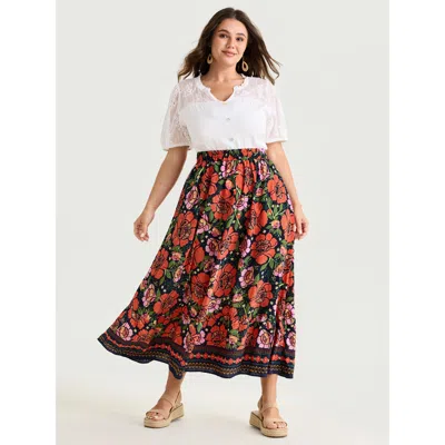 Bloomchic Women's Plus Size Vibrant Floral Print Flowy Maxi Skirt Indigo Smocked Flared Vacation 22-24/3x In Purple